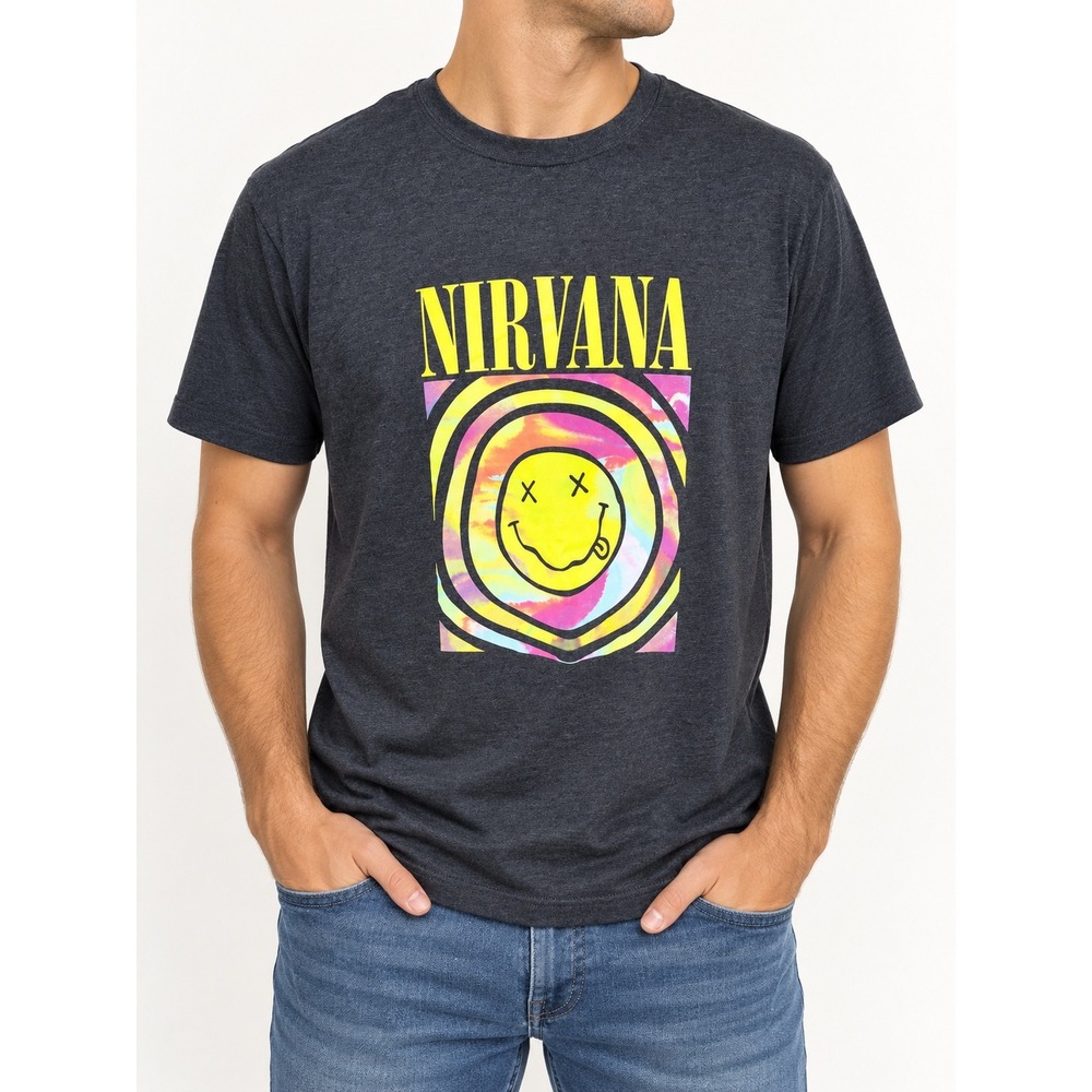 Nirvana Smiley Face Graphic Tee Charcoal Gray Tie Dye Logo Shirt 2XL 90s Grunge